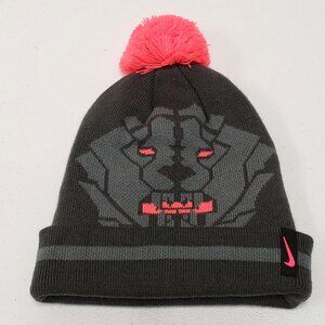 Nike LeBron James King Lion Beanie Toboggan Pom Pom Gray Pink Youth Size